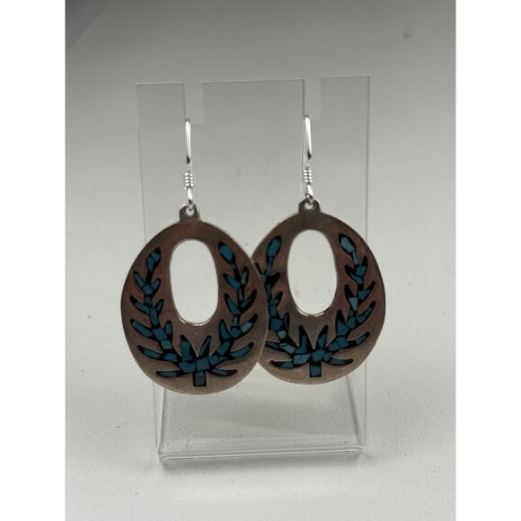 TM-121 Taxco Mexico Sterling Silver Pierced Earrings Inlaid Stone - Picture 9 of 12